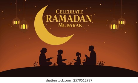 A heartwarming vector illustration celebrating the holy month of Ramadan, depicting a silhouetted family sitting together for Iftar under a glowing crescent moon. 