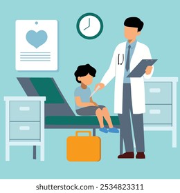 A heartwarming vector illustration depicting a pediatric doctor and nurse examining a young child patient. Ideal for healthcare-related materials, children's health campaigns, and educational content