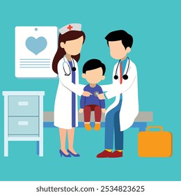 A heartwarming vector illustration depicting a pediatric doctor and nurse examining a young child patient. Ideal for healthcare-related materials, children's health campaigns, and educational content