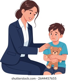 A heartwarming vector illustration depicting a professional woman in a suit gently comforting a crying young boy who is holding a teddy bear.