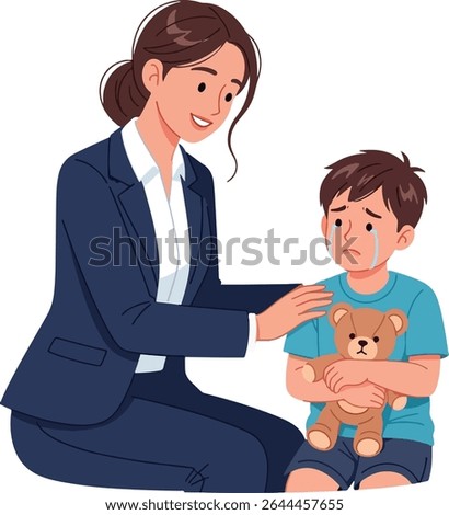 A heartwarming vector illustration depicting a professional woman in a suit gently comforting a crying young boy who is holding a teddy bear.
