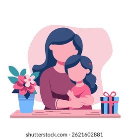 A heartwarming vector illustration depicting a tender moment between a mother and her child, featuring flowers and a gift. Perfect for Mother's Day themes.