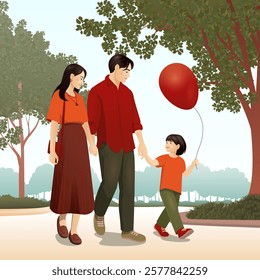 A heartwarming vector illustration of a family enjoying a peaceful walk in the park. The mother, father, and their young child are dressed in coordinated warm tones, holding hands as they stroll