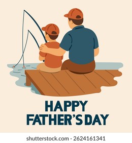 Heartwarming vector illustration of a father and son fishing together on a wooden pier, celebrating Father’s Day and family bonding time.