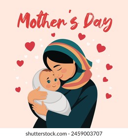 heartwarming vector illustration of a Gulf Arab mother tenderly embracing her newborn baby with immense love.