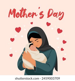 heartwarming vector illustration of a Gulf Arab mother tenderly embracing her newborn baby with immense love.