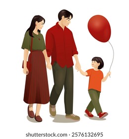 A heartwarming vector illustration of a happy family walking together. The father, mother, and child hold hands, sharing a joyful moment, while the child carries a red balloon. The father wears a red