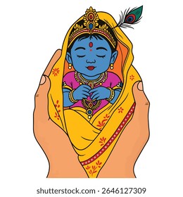  heartwarming vector illustration portrays baby Krishna peacefully resting in a pair of protective hands, symbolizing divine care and innocence.