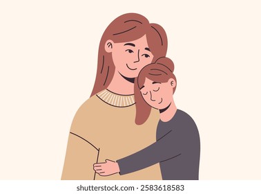 Heartwarming vector isolated flat illustration of mother embracing her daughter with love and care. Soft pastel colors, modern minimalistic style perfect for family designs, prints, social projects.