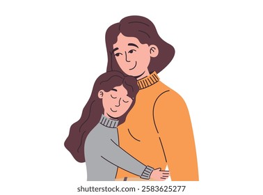 Heartwarming vector isolated flat illustration of mother embracing her daughter with love and care. Soft pastel colors, modern minimalistic style perfect for family designs, prints, social projects.