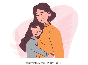 Heartwarming vector isolated flat illustration of mother embracing her daughter with love and care. Soft pastel colors, modern minimalistic style perfect for family designs, prints, social projects.