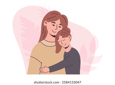 Heartwarming vector isolated flat illustration of mother embracing her daughter with love and care. Soft pastel colors, modern minimalistic style perfect for family designs, prints, social projects.