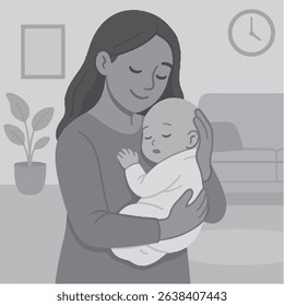 Heartwarming vector of a loving single mother holding her newborn baby at home. A tender moment of family, motherhood, and care in a cozy indoor setting.