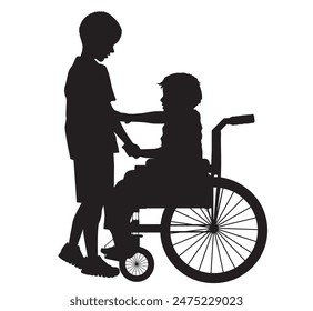 Heartwarming vector silhouette of a child helping a friend in a wheelchair, symbolizing care, compassion, and inclusivity. Perfect for inspiring designs and educational materials