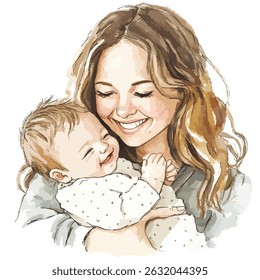 A heartwarming watercolor portrait of a mother holding her smiling baby close. The soft colors and gentle expressions convey a loving bond.