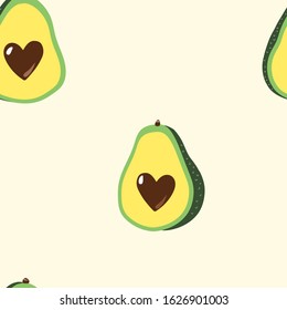 Hearty Avocado half-drop seamless repeat pattern with avocado halves and heart shaped stones on a  cream background
