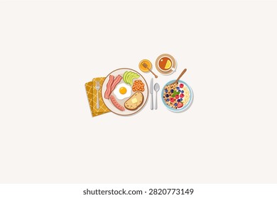 Hearty Breakfast Vector Illustration Featuring Fried Egg, Bacon, Sausage, Baked Beans, Toast, Granola Yogurt Bowl, Honey, and Tea