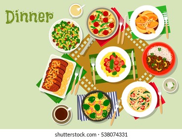 Hearty dinner icon with pasta with tomato and pork, shrimp salad, chicken in honey sauce, baked beef with vegetables, tomato mushroom polenta, beef curry, chicken tomato noodle, brocolli nut salad