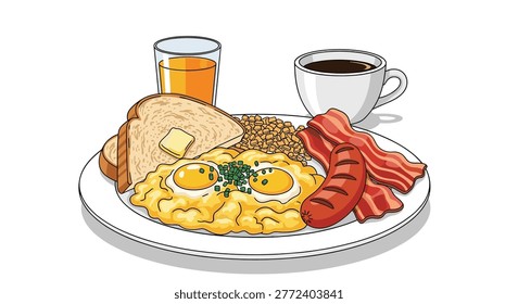 Hearty full breakfast plate featuring fried eggs, crispy bacon, sausage, toast, hot coffee, and orange juice.