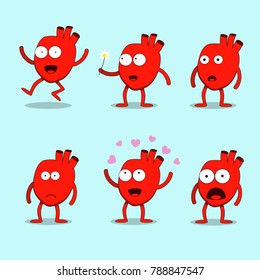 Hearty the heart cute mascot character Happy Valentine's day set vector illustration. Smiling, waving, happy, jumping, scared, lovely.