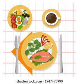 A hearty lunch with salmon, broccoli, green lettuce, tomatoes, bell peppers, mushrooms, cheese and coffee. Served on a white plate with cutlery, top view. Vector illustration.