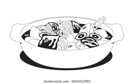Hearty stew with vegetables and meat chunks 2D line object. Comfort food with potatoes, carrots and fresh herbs in ceramic bowl isolated clipart vector ink outline item. Monochrome spot illustration