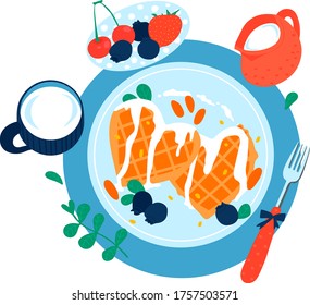 Hearty sweet not healthy breakfast, pancake with cream fruit berry yogurt isolated on white, cartoon vector illustration. Plate of strawberries, cherries and blueberries, cup fresh milk.