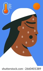 Heat advisory. High temperature with thermometer and sun and Black Asia Girl with sweat. Heat warning. Flat vector illustration.