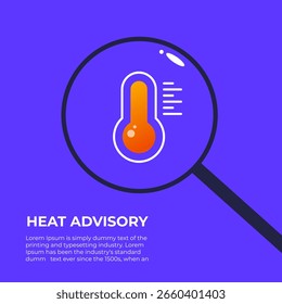 Aconselhamento térmico. Alta temperatura com termômetro e sol e sinal de busca. Aviso de calor. Ilustração de vetor plano.