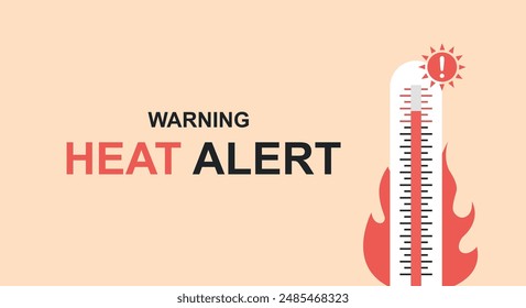 Advertencia de alerta de calor por temperaturas altas y olas de calor. Termómetro quemándose con signo de exclamación.