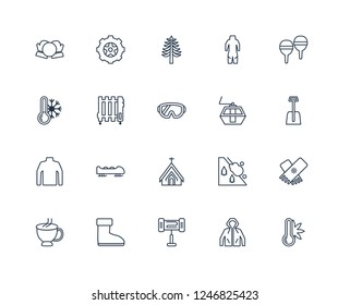 Heat, Anorak Vest, Electric heater, Snow Boot, Hot tea, Snowshoes, Ski lift, Chapel, Turtleneck Sweater, Heater, Fir outline vector icons from 20 set