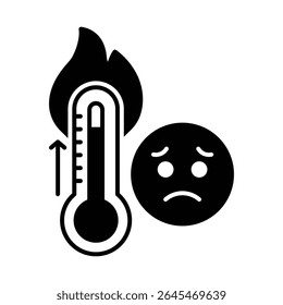 Heat Anxiety Glyph Icon. Temperature Rise Symbol. Sad Face and Thermometer. Global Warming Solid Silhouette.