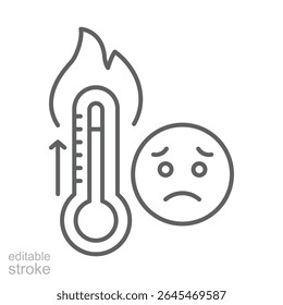 Heat Anxiety Icon. Temperature Rise Outline. Editable Stroke Thermometer. Sad Face Climate Reaction. Global Warming and Fire Symbol.