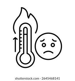 Heat Anxiety Icon. Thermometer and Fire Outline. Sad Face Climate Reaction. Temperature Crisis Line Style.
