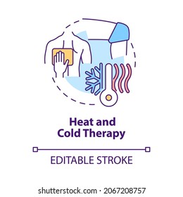 Heat and cold therapy concept icon. Compress for relieving back pain and swelling. Physiotherapy abstract idea thin line illustration. Vector isolated outline color drawing. Editable stroke