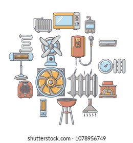 Heat cool air flow tools icons set. Cartoon illustration of 16 heat cool air flow tools vector icons for web