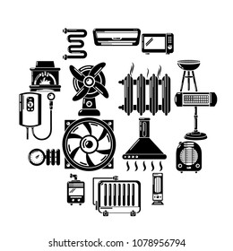 Heat cool air flow tools icons set. Simple illustration of 16 heat cool air flow tools vector icons for web