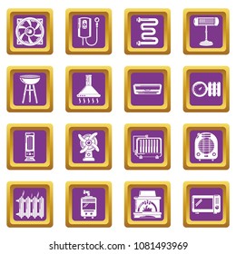 Heat cool air flow tools icons set vector purple square isolated on white background 