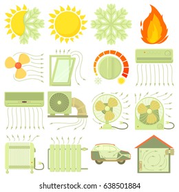 Heat cool air flow tools icons set. Cartoon illustration of 16 heat cool air flow tools vector icons for web
