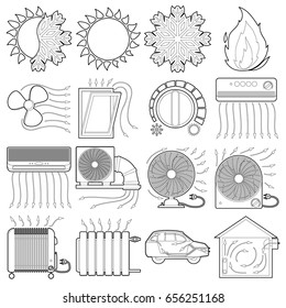 Heat cool air flow tools icons set. Outline illustration of 16 heat cool air flow tools vector icons for web