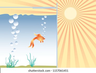 Heat and coolness concept. Goldfish in the aquarium in good conditions. Vector illustration EPS-8.