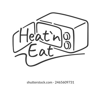 Heat and Eat label for pre-cooked meals packaging - fast dinner using microwave only. Vector emblem with oven in doodle style