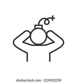The heat of emotion, linear icon. Overflow of anger. Person with a bomb instead of a head. Line with editable stroke