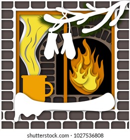 Heat energy concept with winter window and evergreen branch covered by snow, warm gloves, cup of hot drink with steam and fireplace. Kinds of energy, part 10. Science for kids. Paper cut out vector