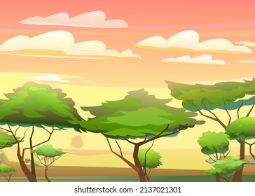 Heat evening Africa. Red and yellow sunset. Scene with sand and plants. Savannah in desert. African acacia trees. Vector.