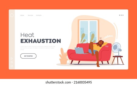Heat Exhaustion Landing Page Template. Unhappy Female Character Sweating Sitting at Home with Working Fan Suffering of High Temperature during Hot Summer Time. Heat Stroke. Cartoon Vector Illustration