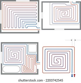 Heat Floor System For House. Icon Radiant Heating Floor. Pipe Heating Underfloor For Home. Icon For Electric Pipe. Vector.