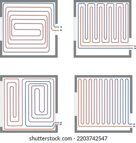 Heat Floor System For House. Icon Radiant Heating Floor. Pipe Heating Underfloor For Home. Icon For Electric Pipe. Vector.