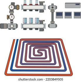 Heat Floor System For House. Icon Radiant Heating Floor. Pipe Heating Underfloor For Home. Icon For Electric Pipe. Vector.