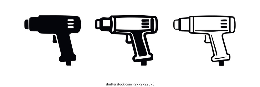 Heat Gun Tool Icon Set, Hot Air Gun Symbol Pack, Industrial Heat Blower Vector Icons